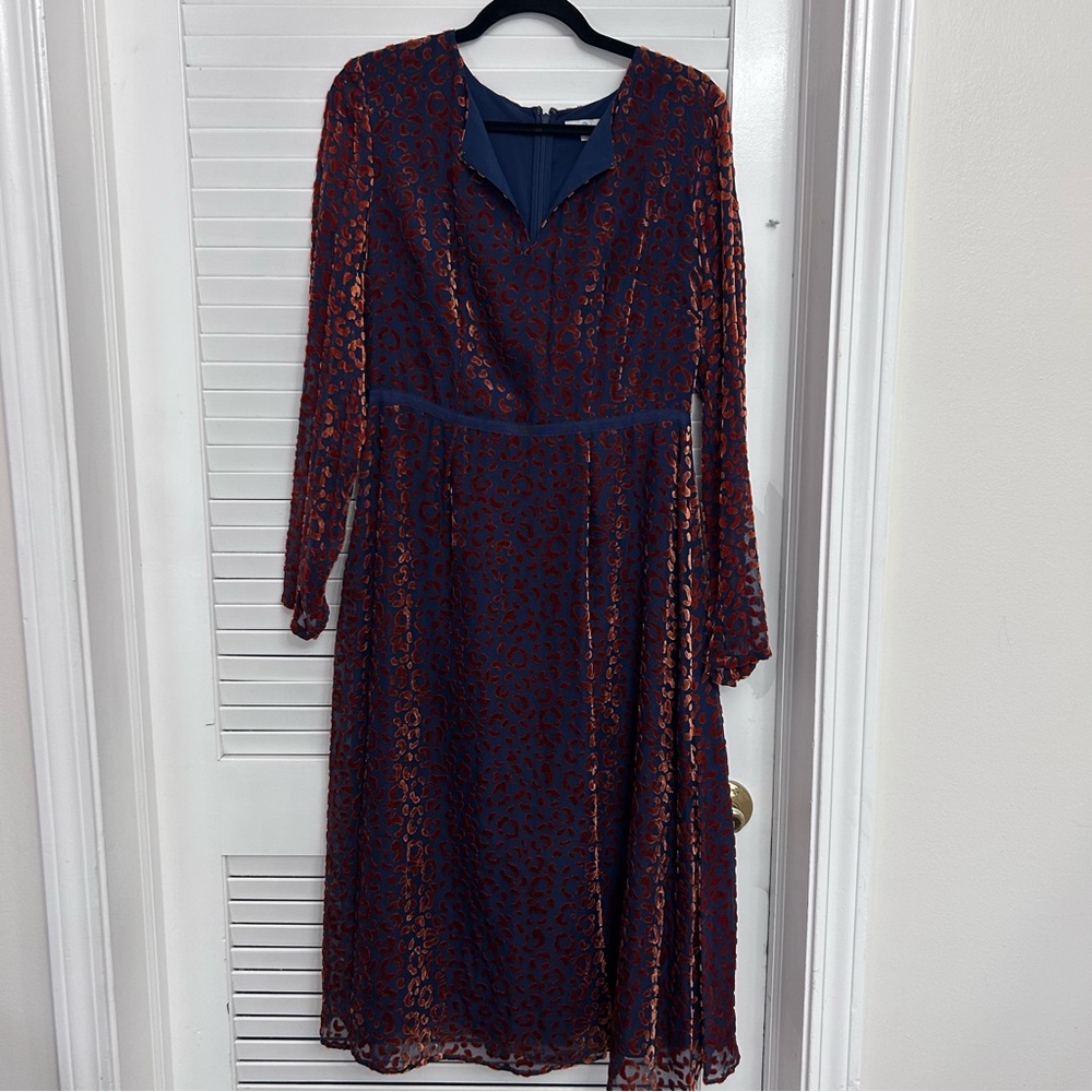 Boden Marie long sleeve midi dress navy blue orange velvet animal print sz 12 - Picture 6 of 8